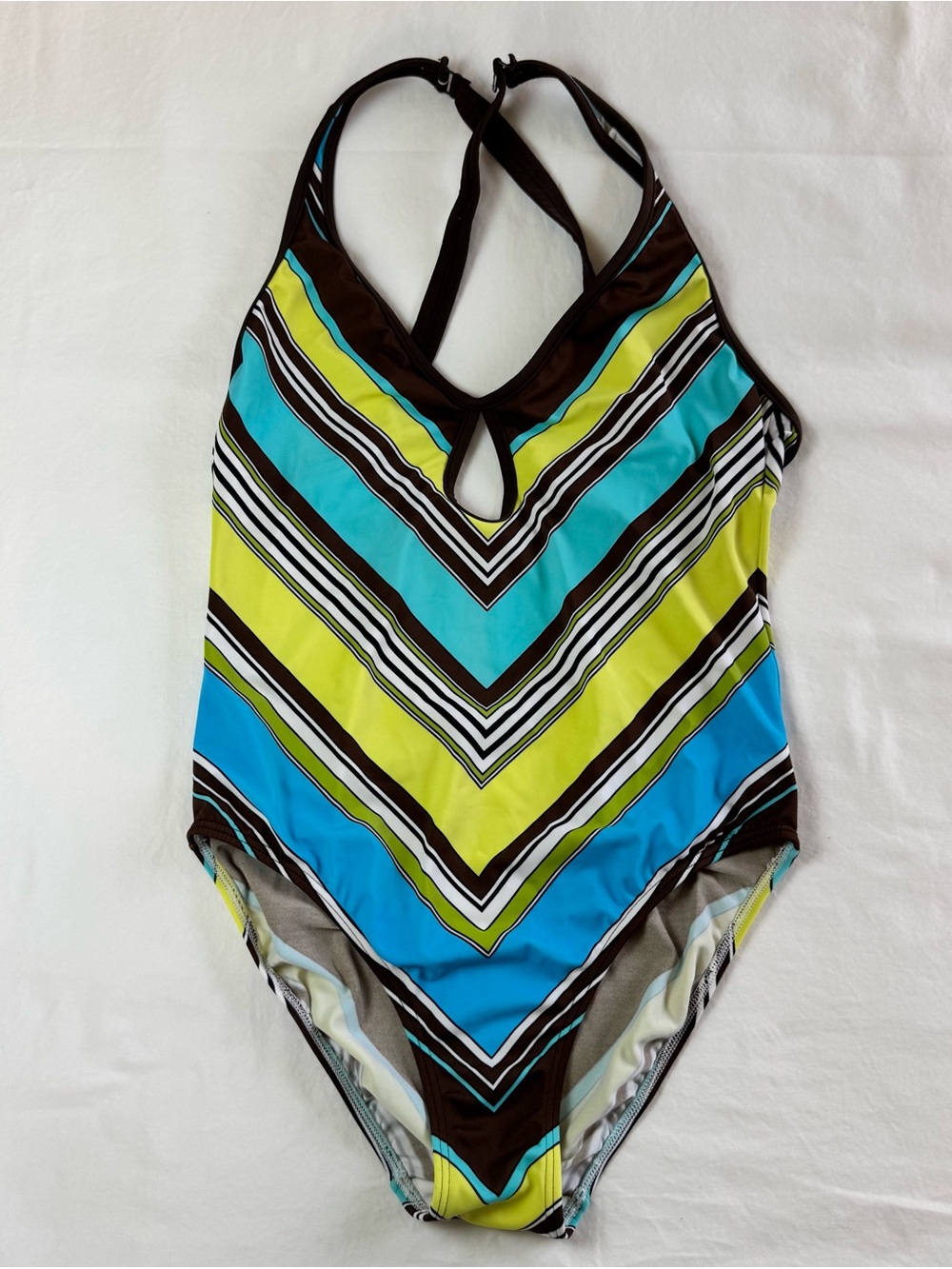 VENUS One Piece Swimsuit Chevron Stripe Blue Lime Brown Size 12 XL (C)